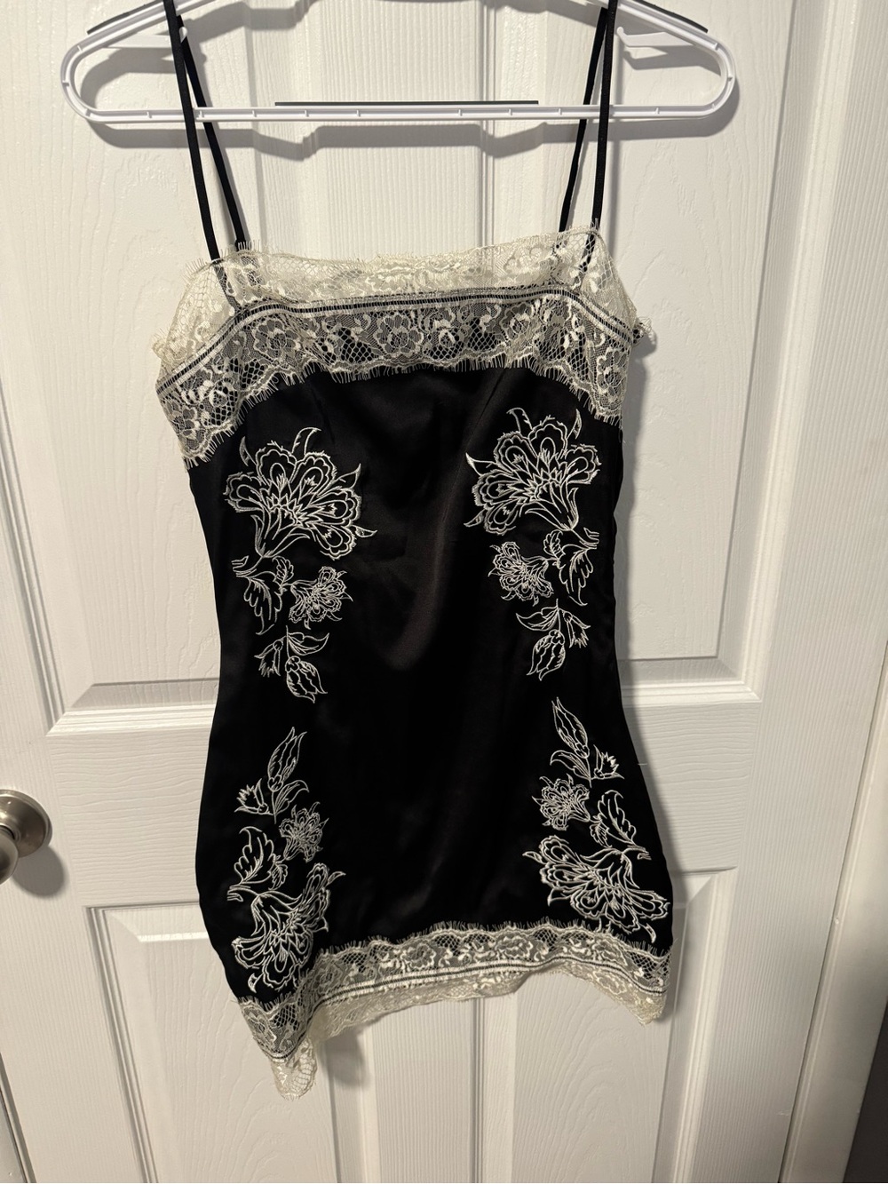 Dolls Kill Black Slip Dress with White Floral Embroidery & Cream Lace